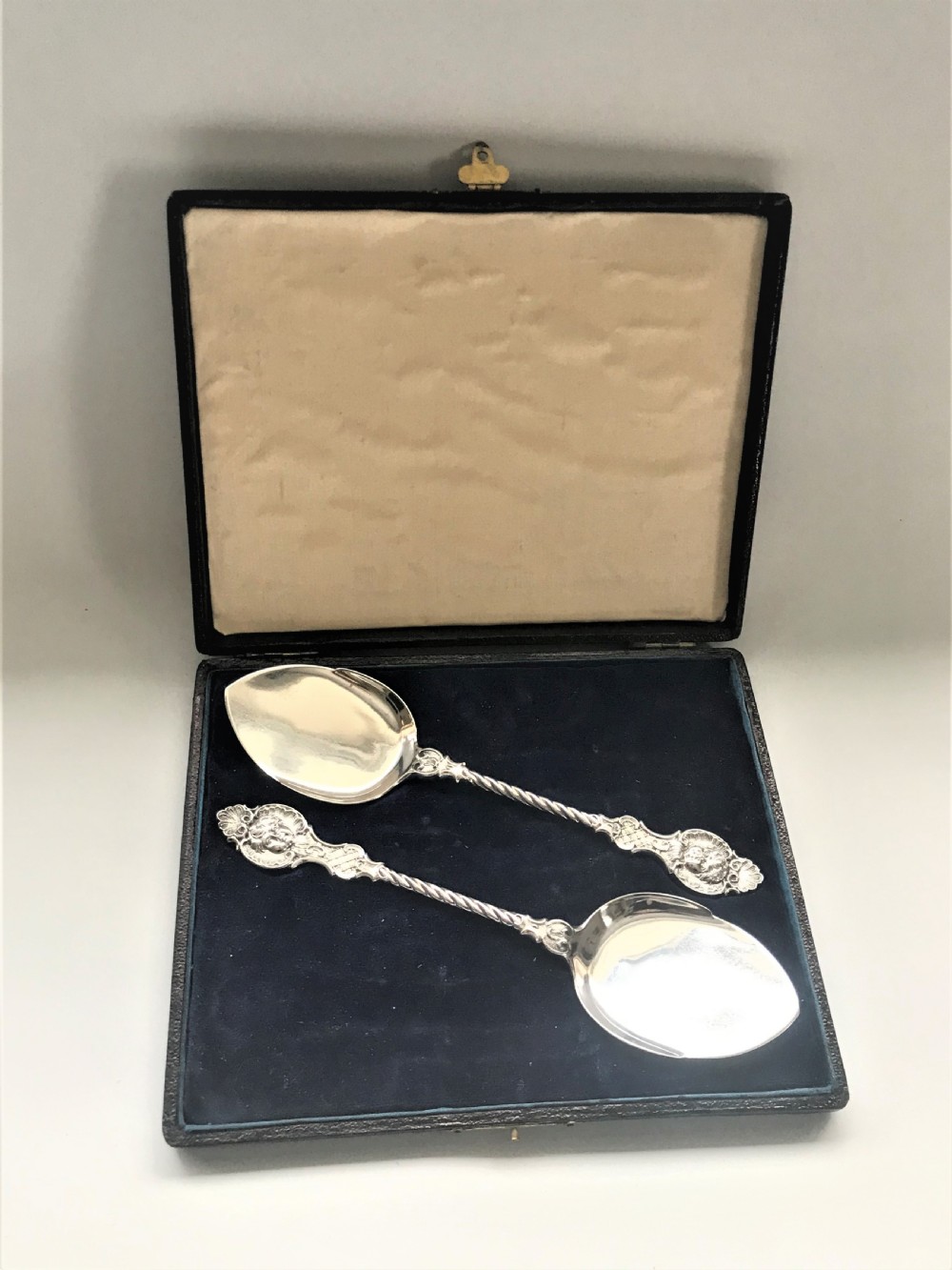 A superb pair of boxed cast silver preserve spoons