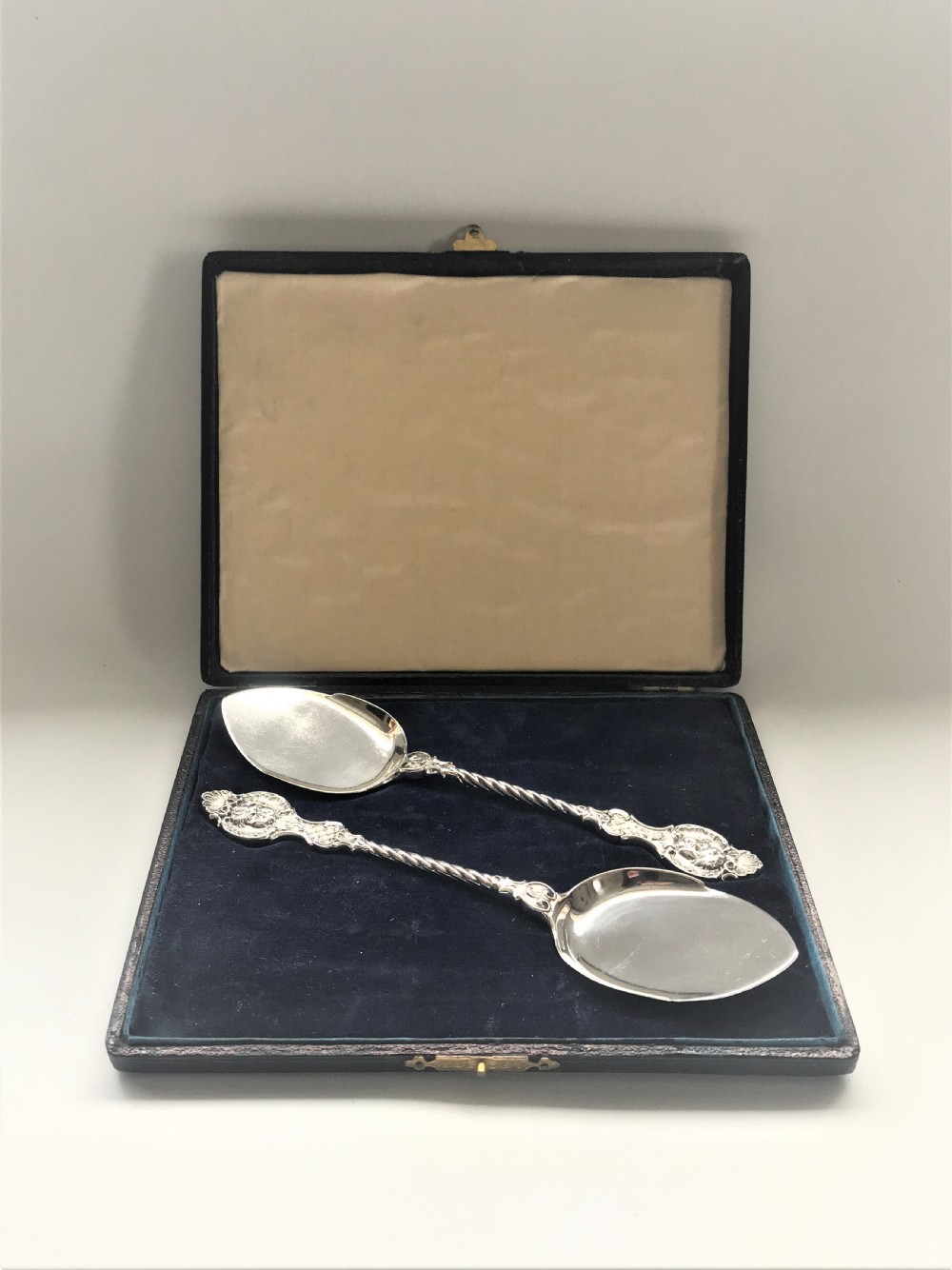 A superb pair of boxed cast silver preserve spoons View III