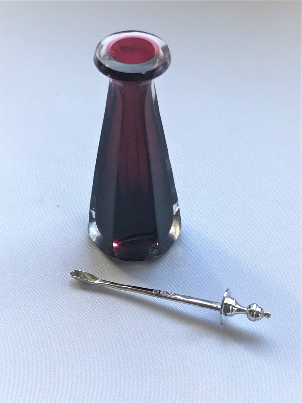 A rare Victorian silver & cranberry glass Cayenne bottle & spoon View III