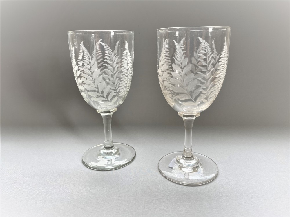 A lovely pair of fern etched Victorian wine goblets