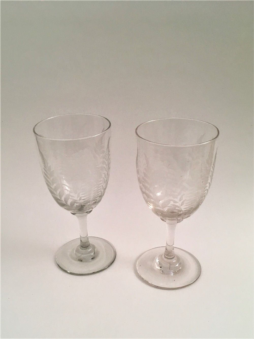 A lovely pair of fern etched Victorian wine goblets View III