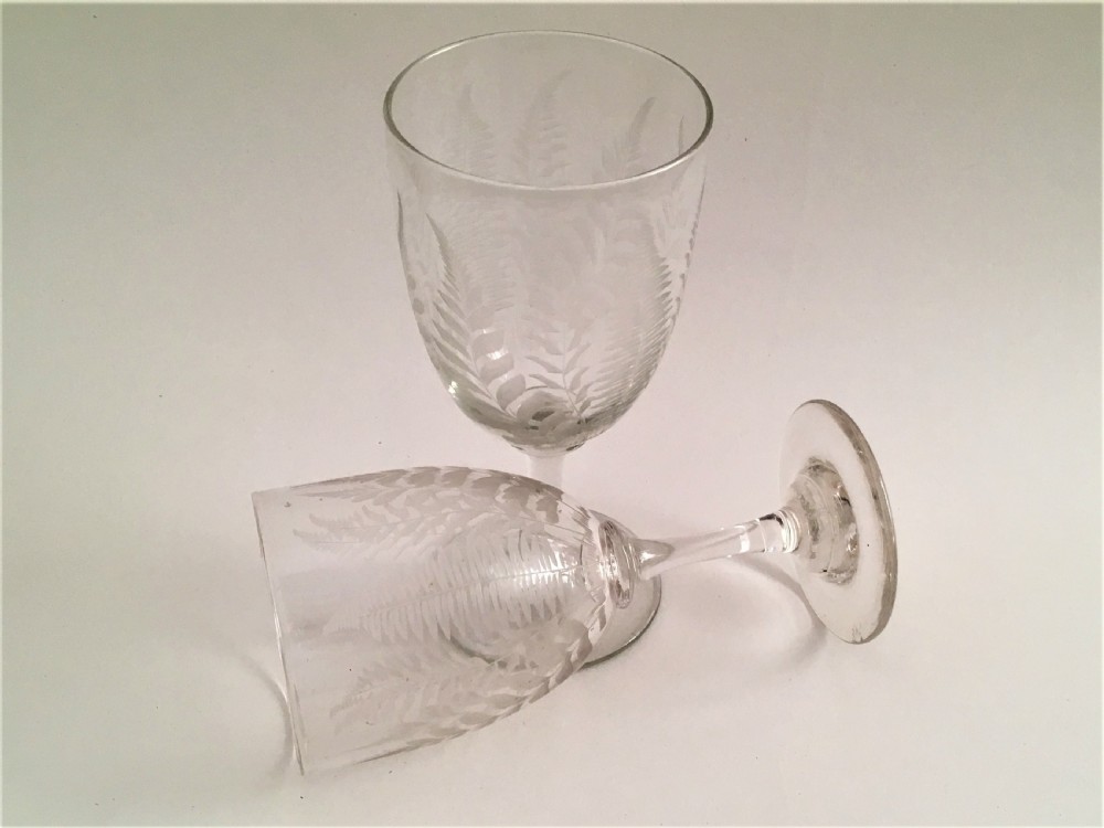 A lovely pair of fern etched Victorian wine goblets View V