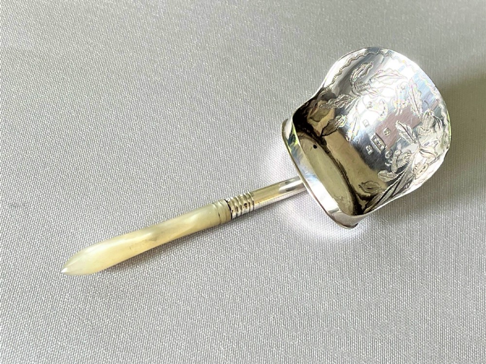 A superb Georgian silver & mother-of-pearl caddy shovel