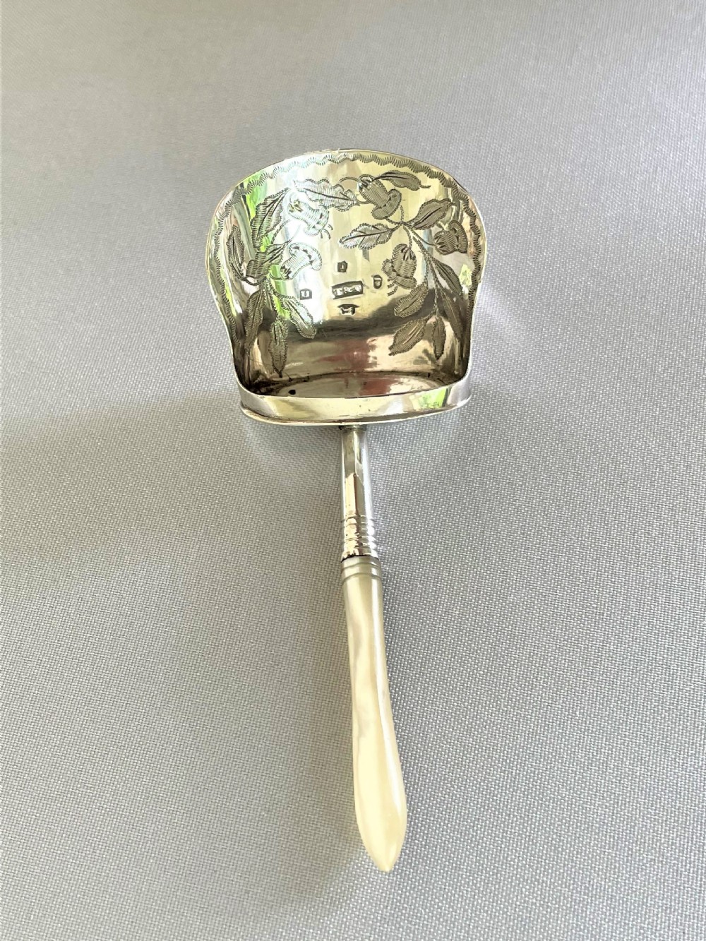 A superb Georgian silver & mother-of-pearl caddy shovel View III