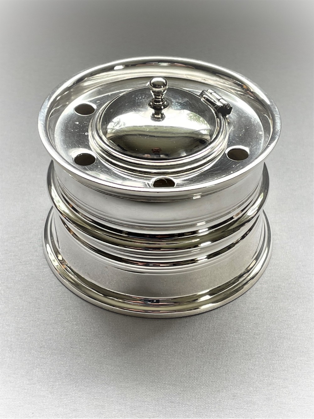 A handsome Barnard Family silver 'fishing reel' inkwell