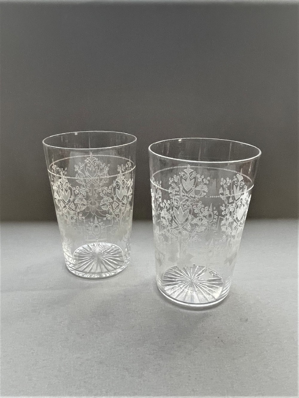A gorgeous pair of Edwardian etched water glasses