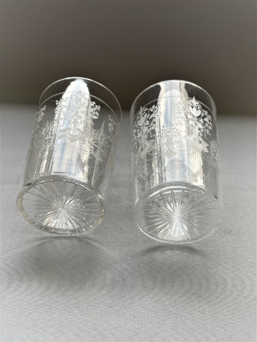 A gorgeous pair of Edwardian etched water glasses View V