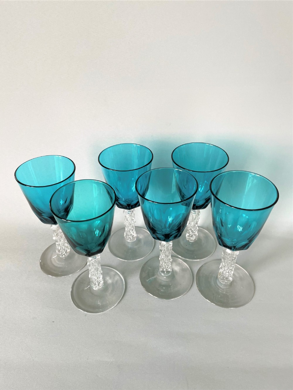 An unusual set of 6 Victorian aquamarine bowl wine glasses View II