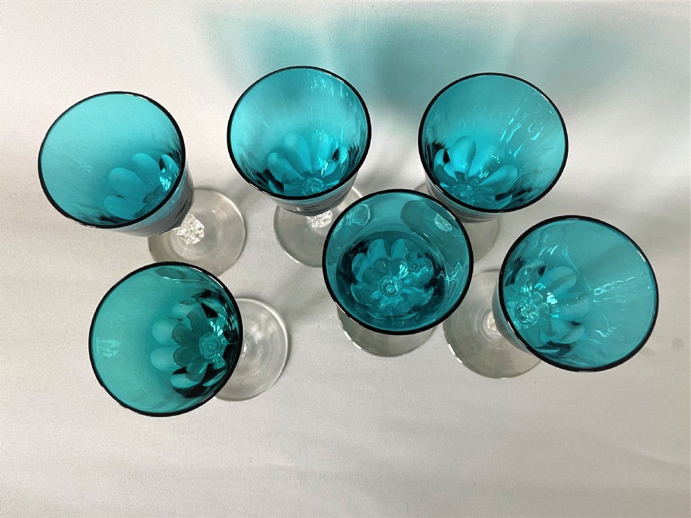 An unusual set of 6 Victorian aquamarine bowl wine glasses View IV