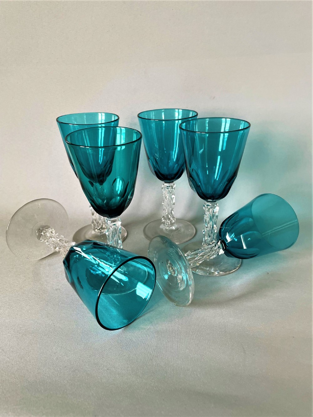 An unusual set of 6 Victorian aquamarine bowl wine glasses View V