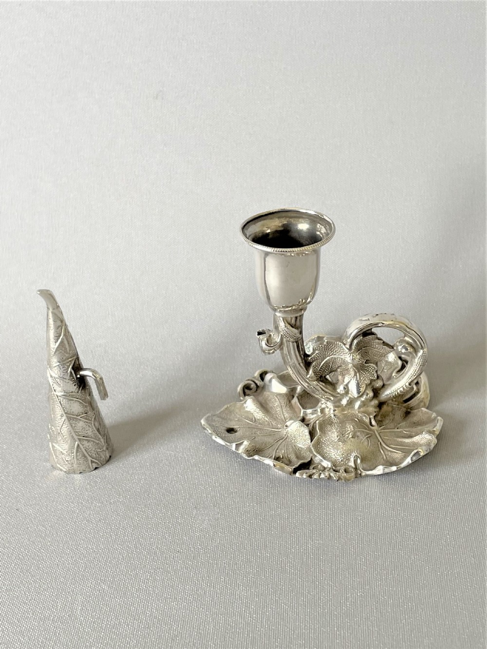 A superb small Victorian silver naturalistic chamber stick View III