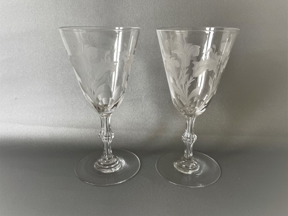 A lovely pair of Victorian Lily etched wine glasses