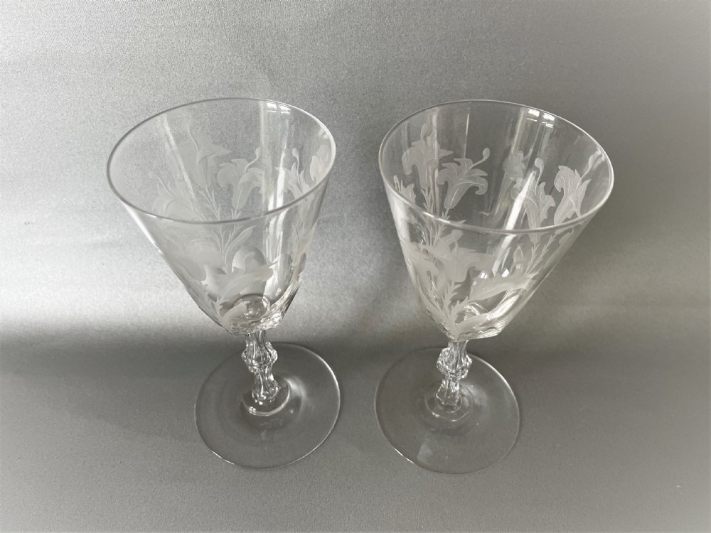 A lovely pair of Victorian Lily etched wine glasses View II