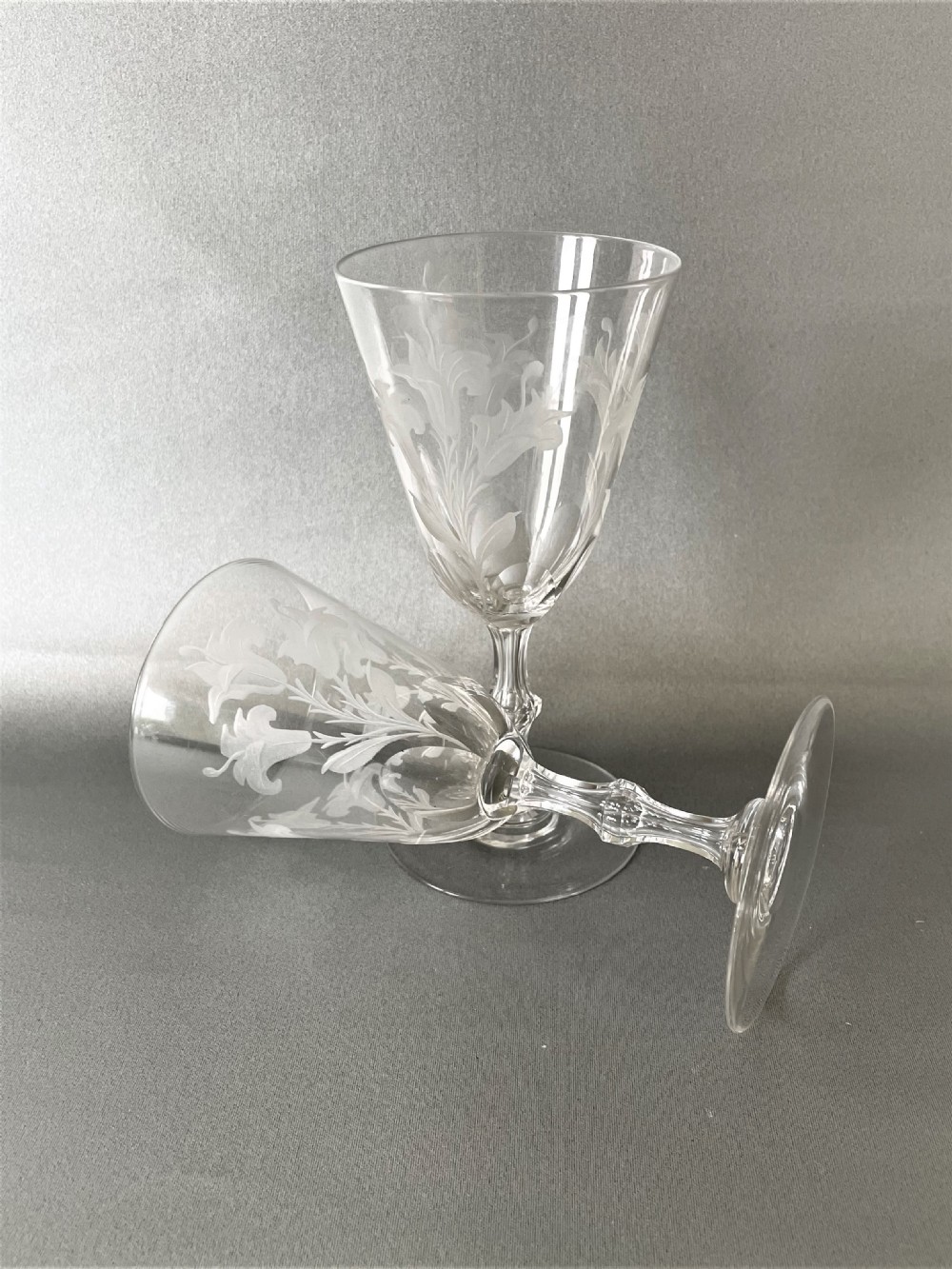 A lovely pair of Victorian Lily etched wine glasses View III