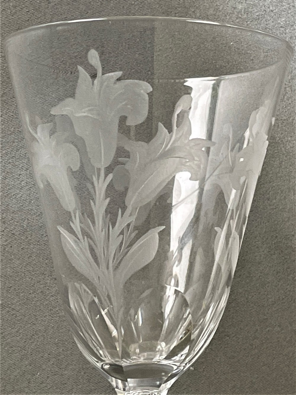 A lovely pair of Victorian Lily etched wine glasses View V