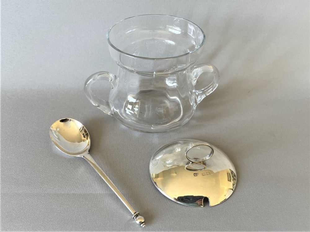 A silver mounted preserve jar with hallmarked silver spoon View II
