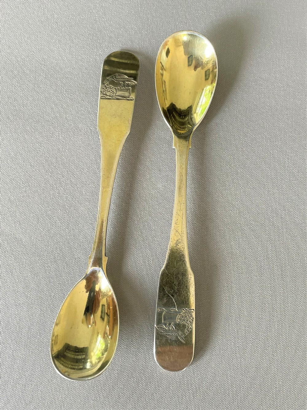 A rare pair of Georgian Irish silver gilt large mustard spoons View III