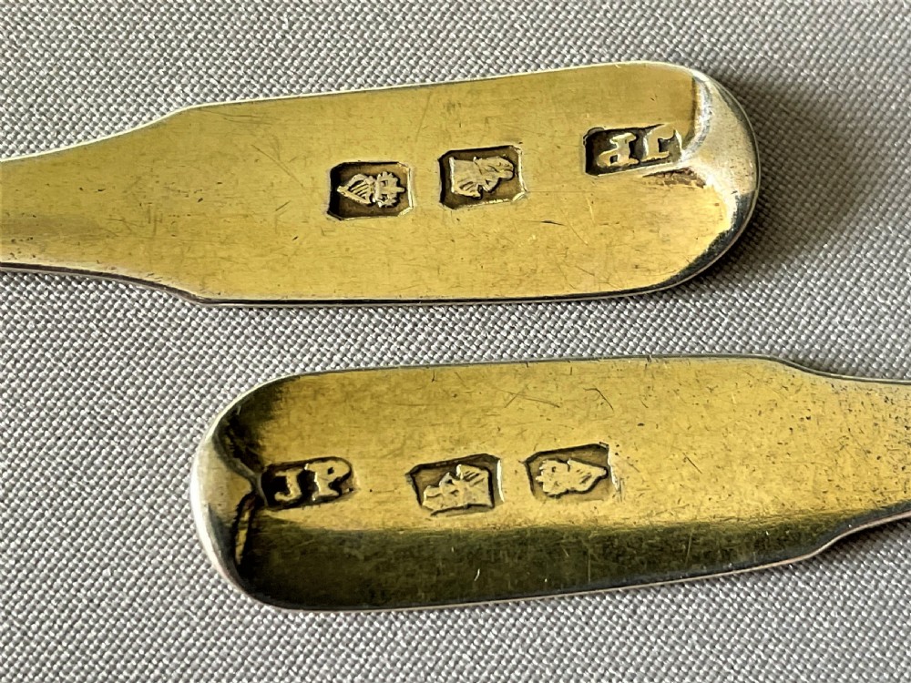 A rare pair of Georgian Irish silver gilt large mustard spoons View V