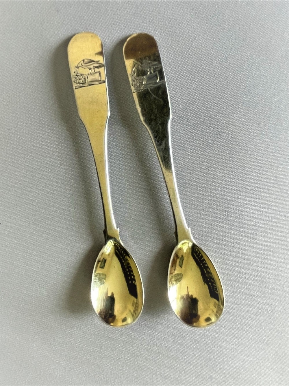 A rare pair of Georgian Irish silver gilt large mustard spoons