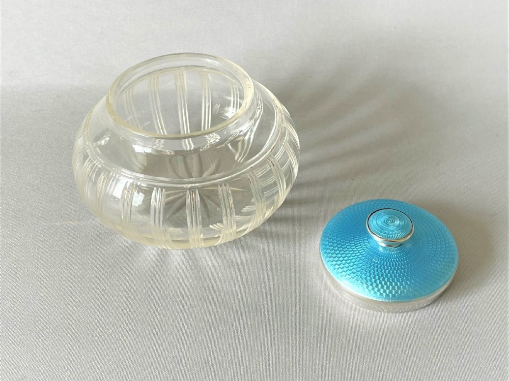 A gorgeous Art Deco silver & guilloche enamel mounted trinket jar View V