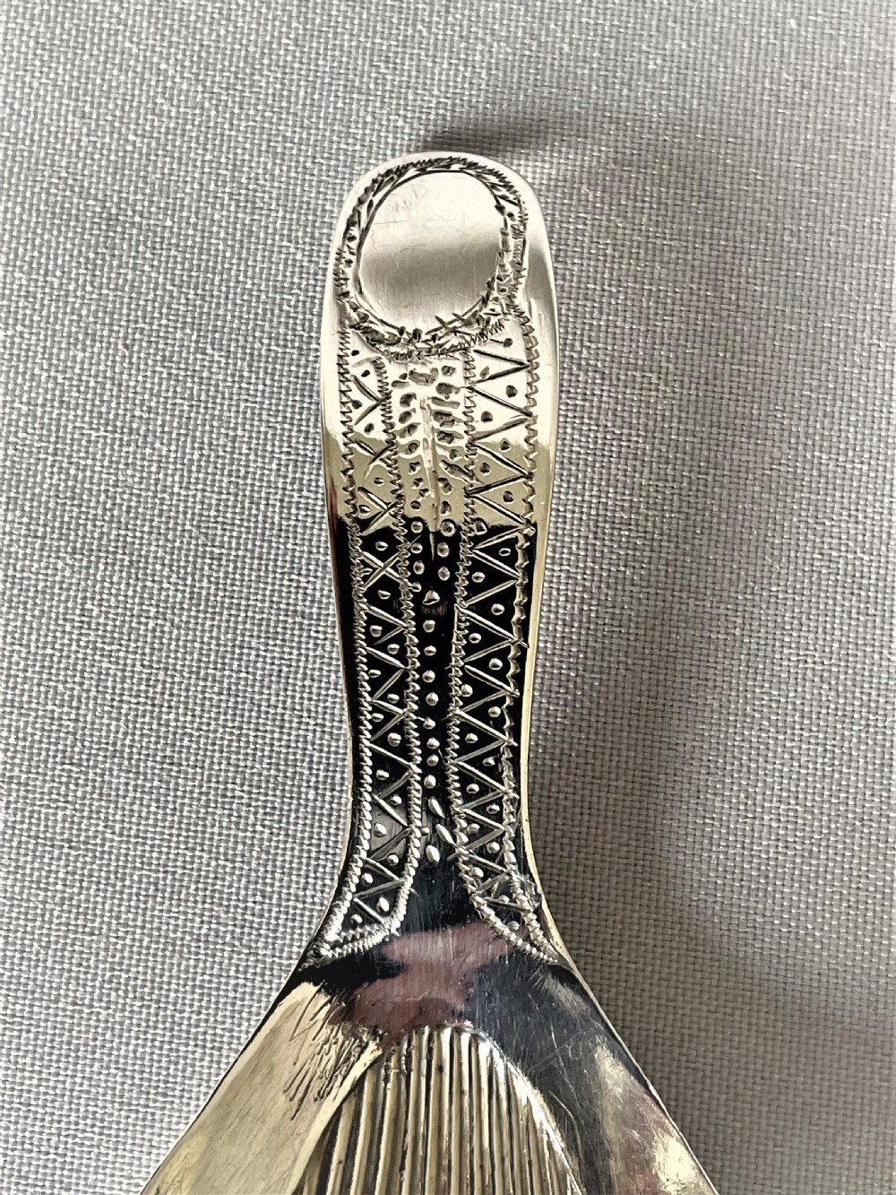 A rare 18th Century Sheffield Assayed silver caddy spoon View III