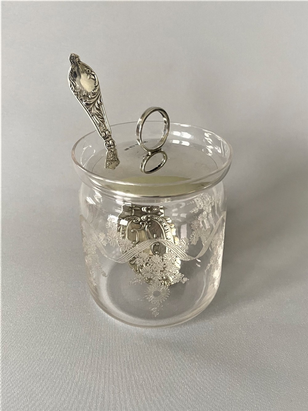A lovely silver lidded preserve jar and spoon