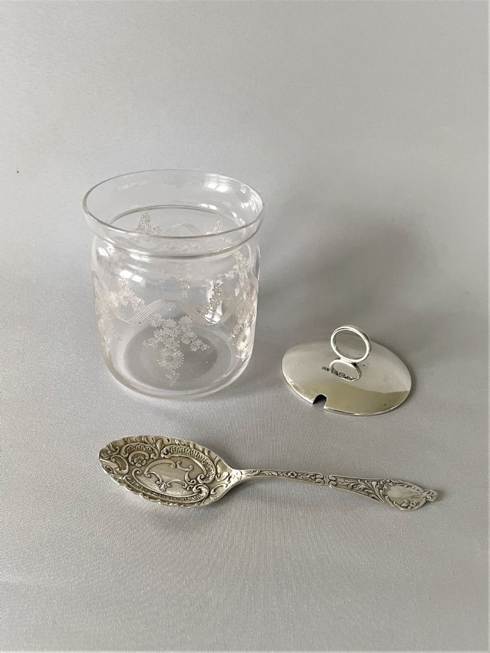 A lovely silver lidded preserve jar and spoon View III