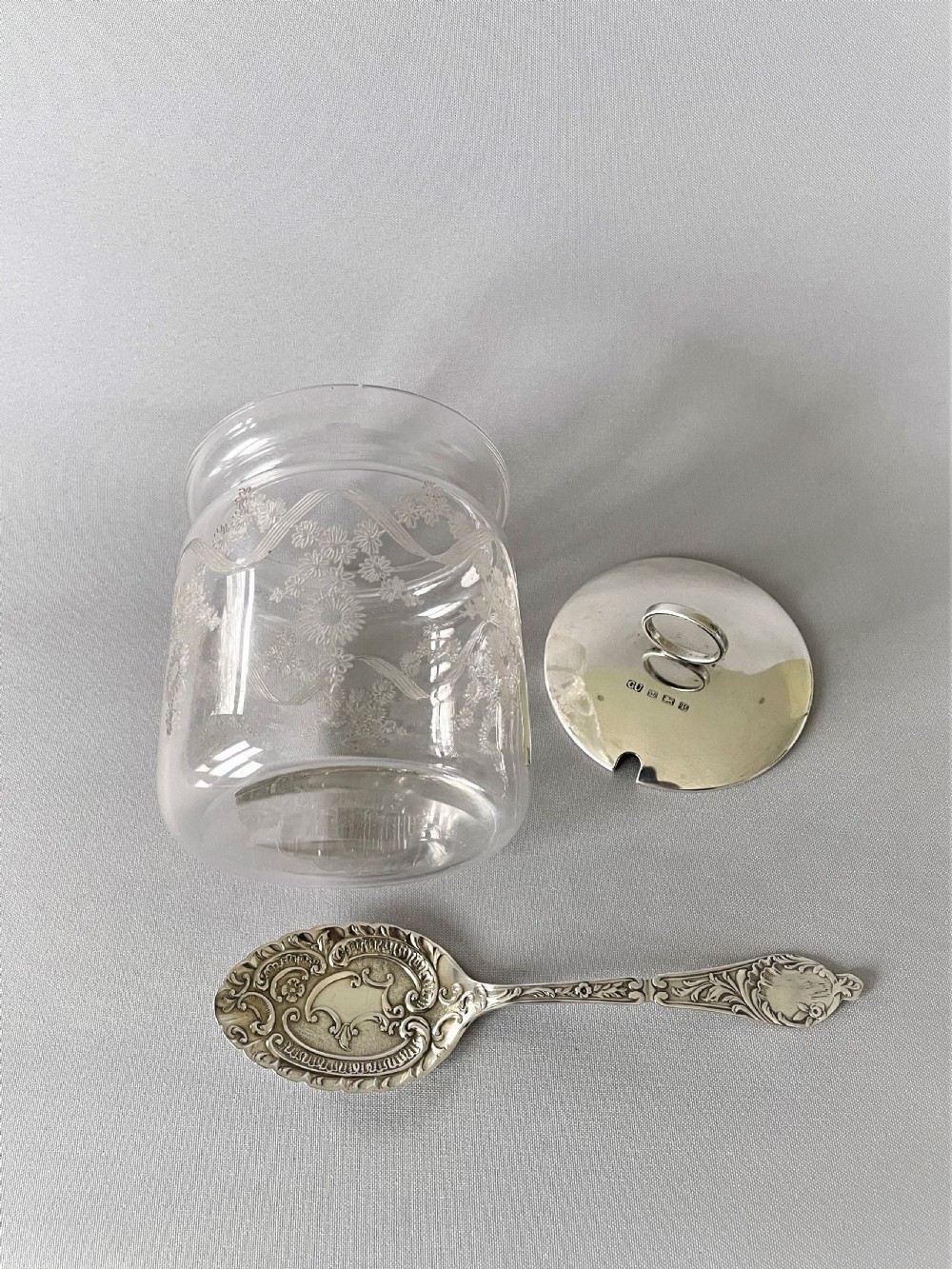 A lovely silver lidded preserve jar and spoon View IV