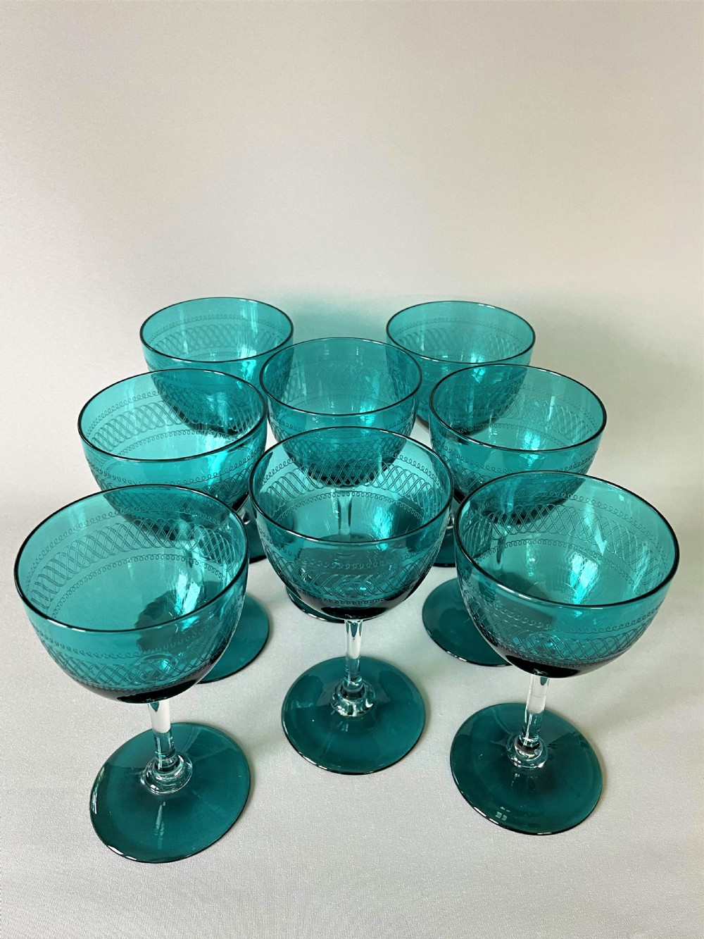 A fabulous set of 8 Victorian pale green wine glasses View II