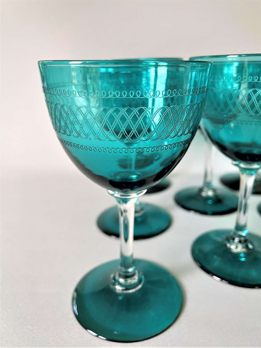 A fabulous set of 8 Victorian pale green wine glasses View III