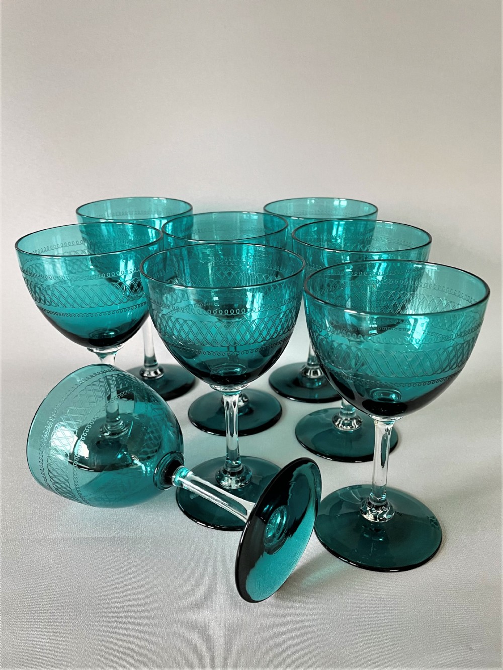 A fabulous set of 8 Victorian pale green wine glasses View IV
