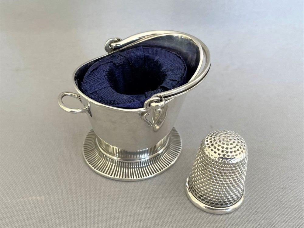 A rare Edwardian novelty silver coal scuttle thimble holder & thimble View IV