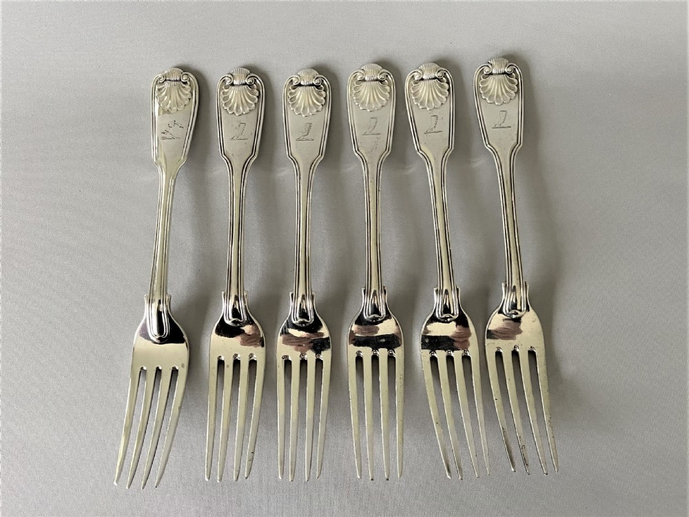A matched set of 6 fiddle, thread & shell table forks View III