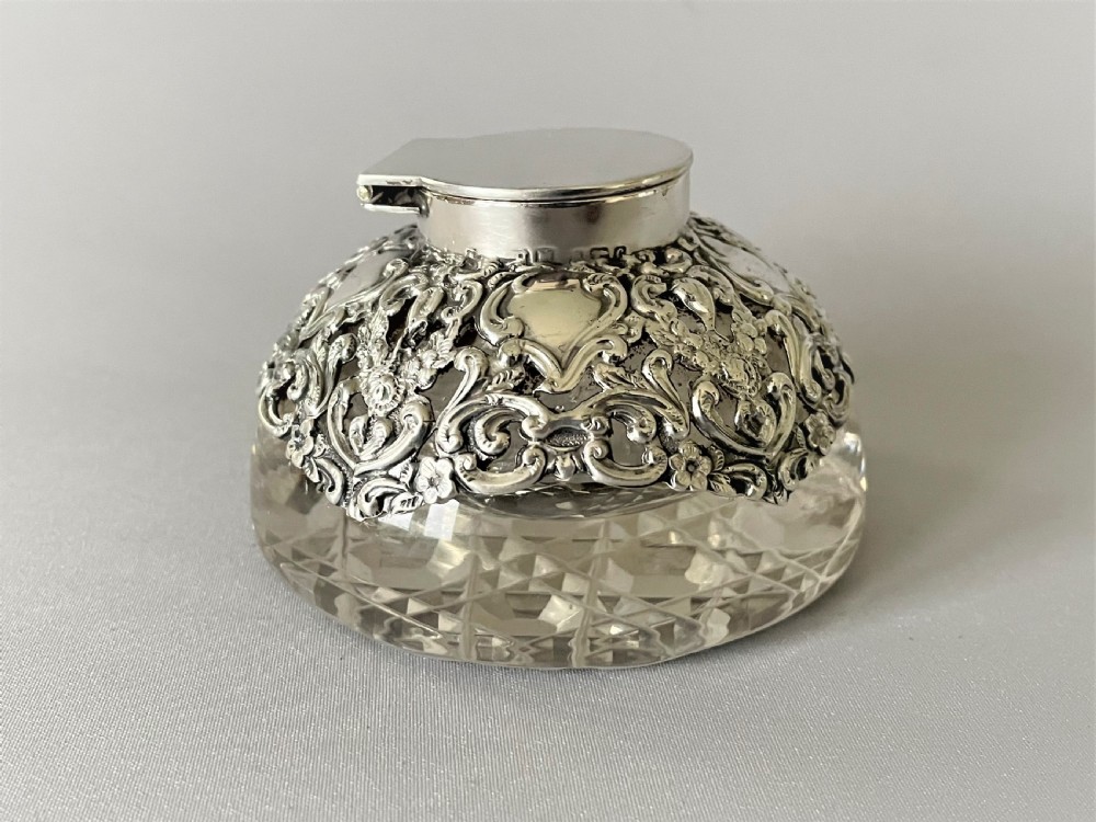 A gorgeous Edwardian silver overlay inkwell View II