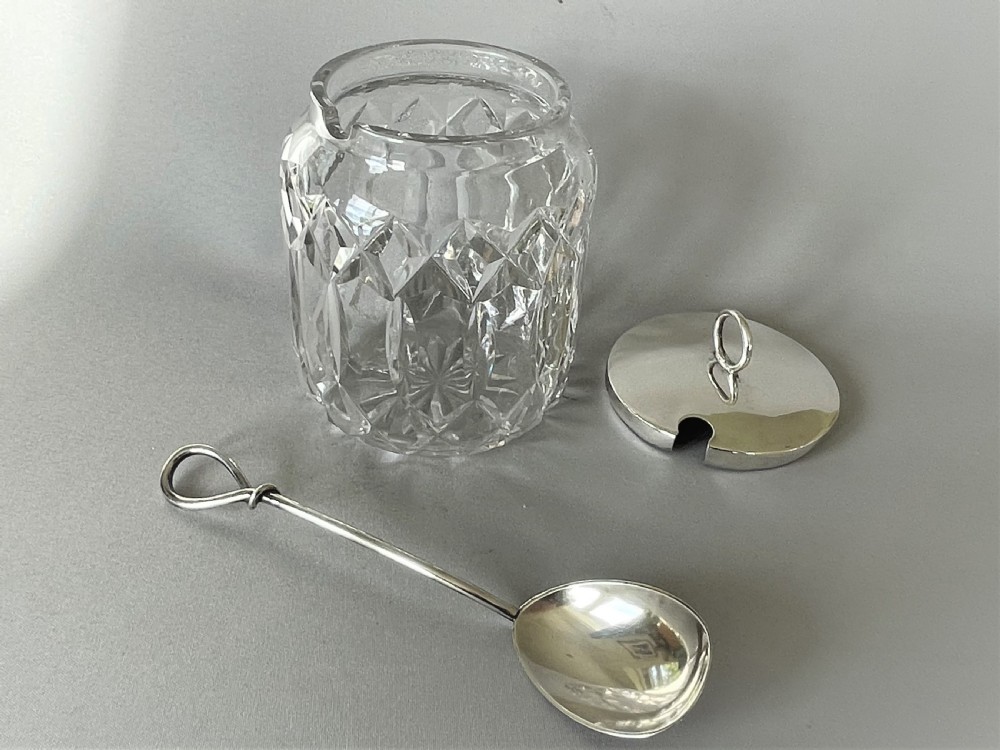 A fine George V silver mounted preserve jar & spoon View V
