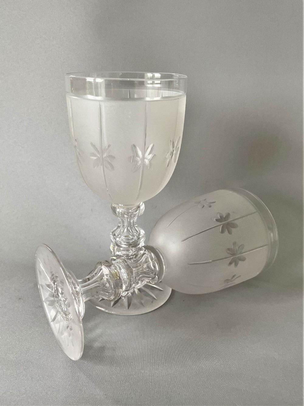 A Handsome Pair Of Victorian Frosted & Cut Wine Goblets View V