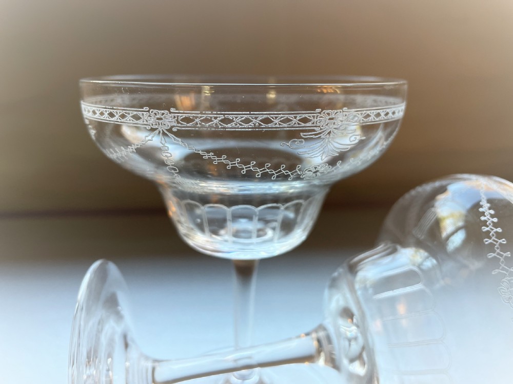 An elegant pair of etched Edwardian champagne coupes View III