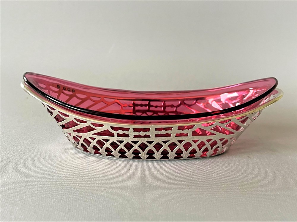A lovely Edwardian silver & cranberry glass bonbon boat View II