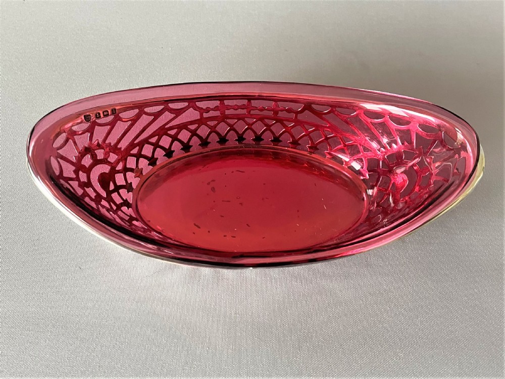 A lovely Edwardian silver & cranberry glass bonbon boat View III