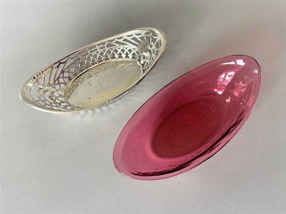 A lovely Edwardian silver & cranberry glass bonbon boat View IV