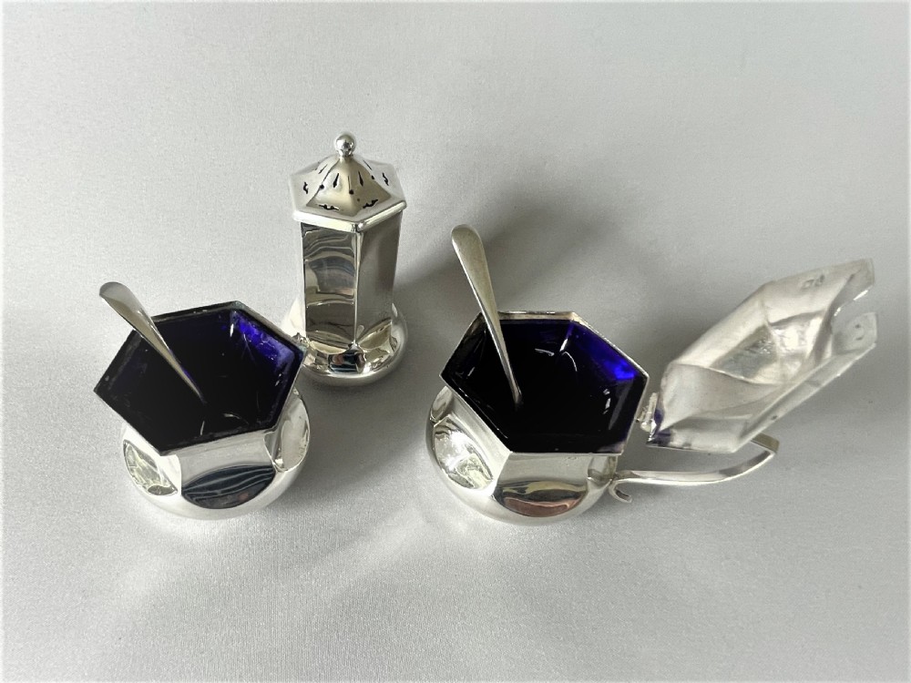 A Stylish Art Deco Three Piece Silver Cruet & Spoons View III