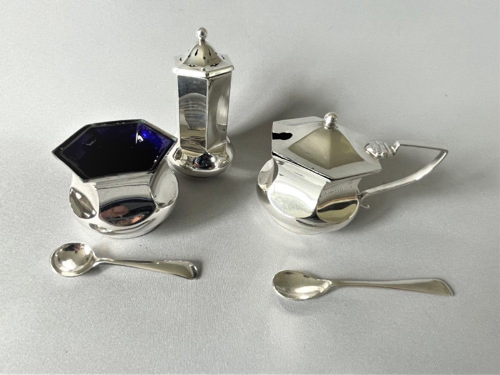 A Stylish Art Deco Three Piece Silver Cruet & Spoons View IV