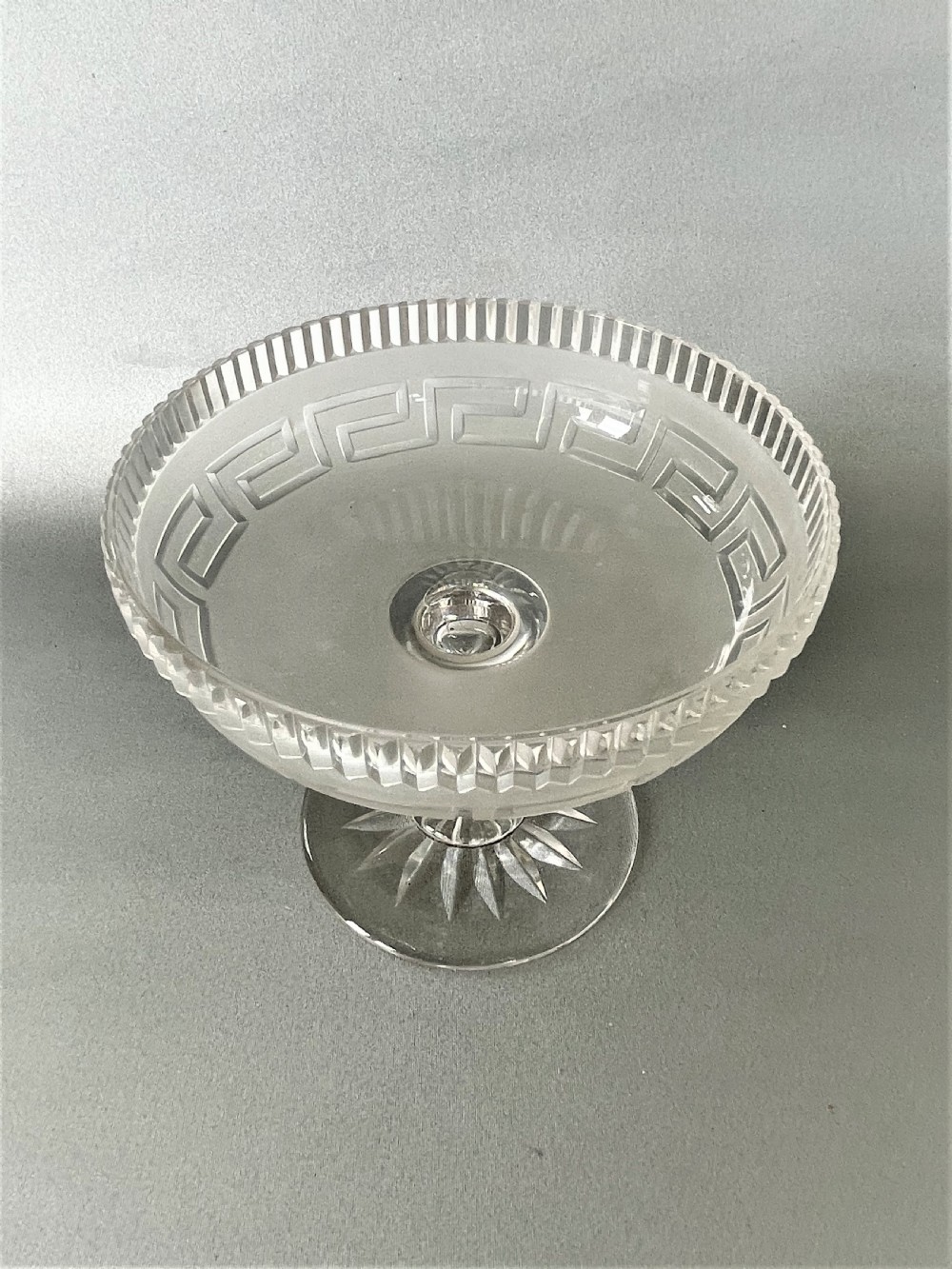 A small Victorian pedestal dish with frosted Greek Key decoration View II
