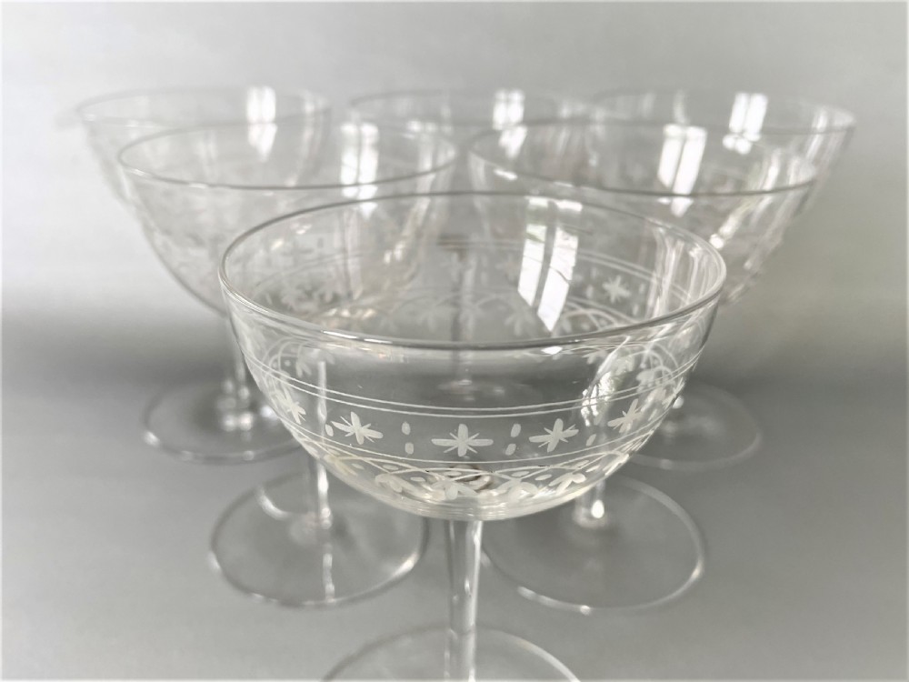A lovely set of 6 Victorian etched glass champagne coupes View III