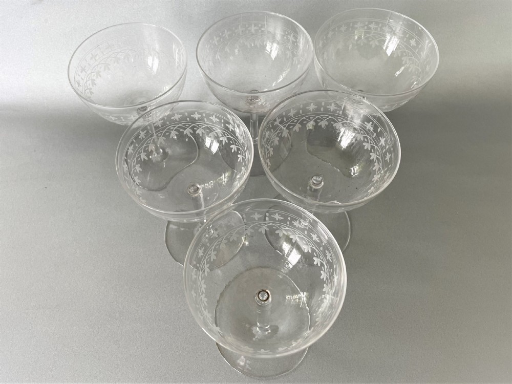 A lovely set of 6 Victorian etched glass champagne coupes View IV