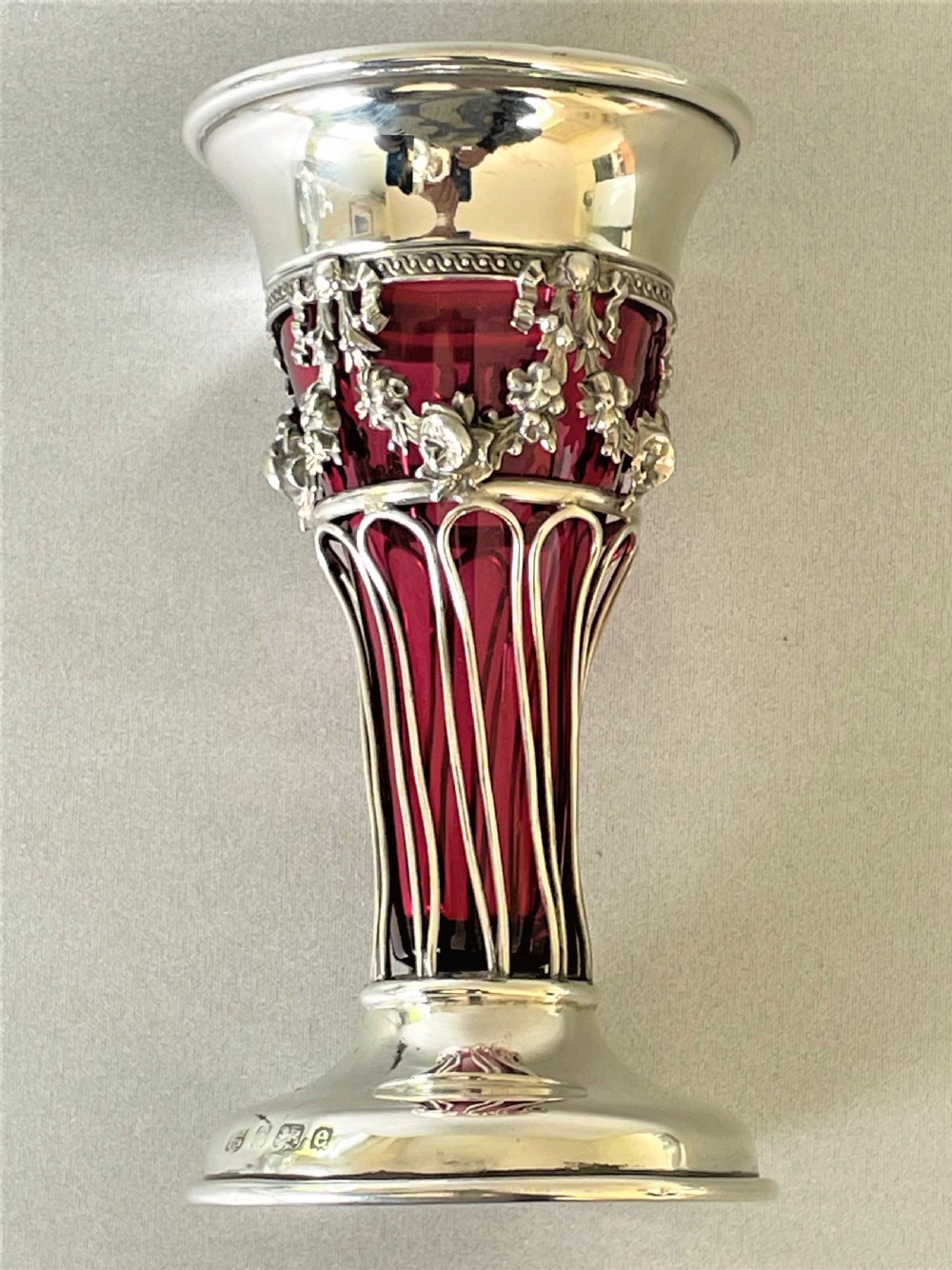 A pretty Edwardian silver & cranberry glass bud vase View V
