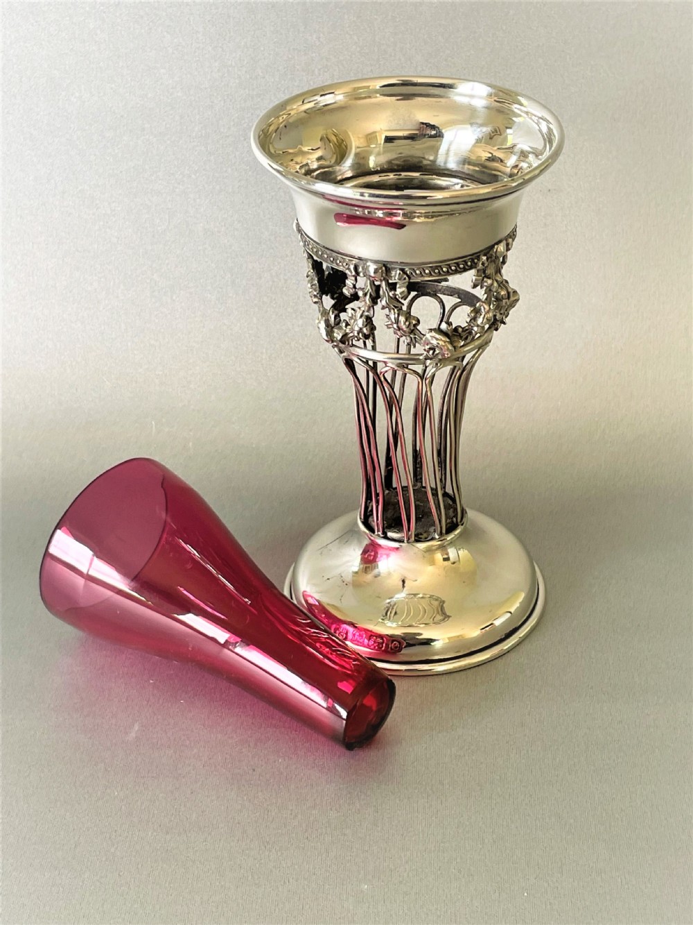 A pretty Edwardian silver & cranberry glass bud vase View VI