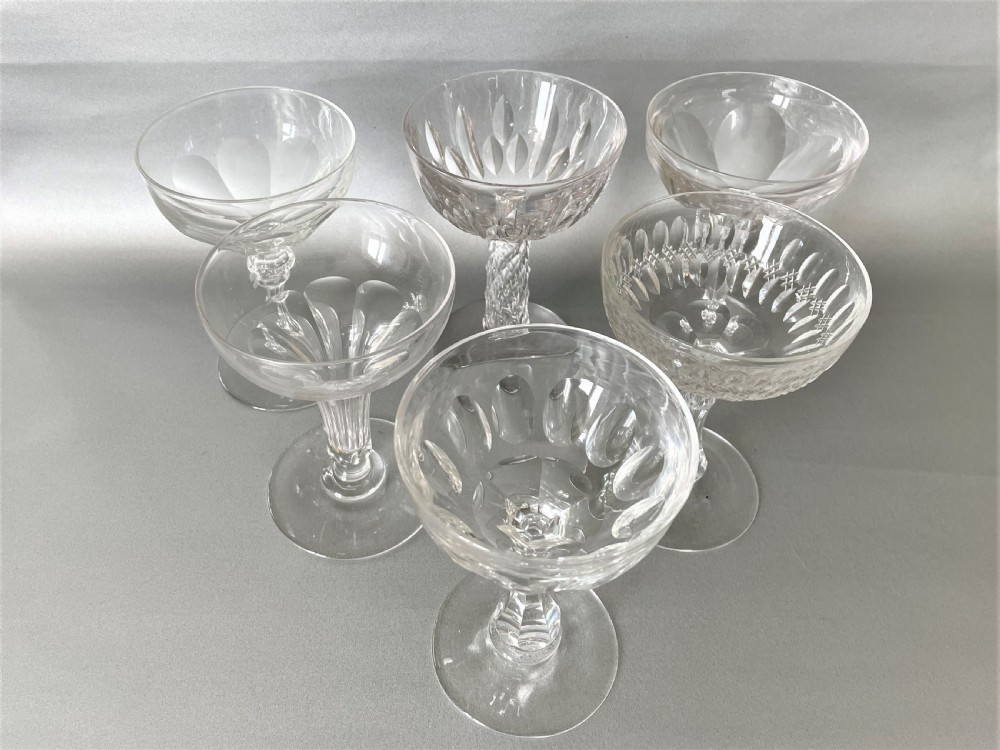 A superior harlequin set of 6 Victorian cut glass champagne coupes View II