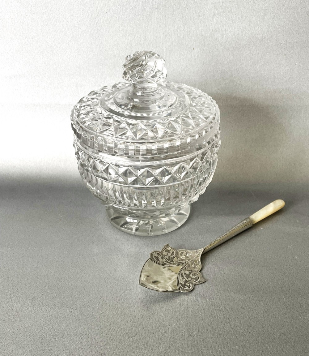 A fabulous Georgian cut glass preserve jar & silver spoon