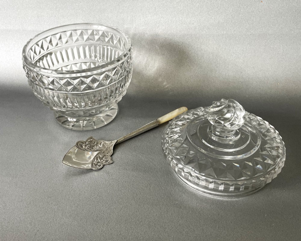 A fabulous Georgian cut glass preserve jar & silver spoon View II